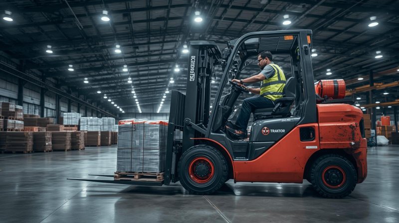 Operator forklift 2.5 ton sedang memindahkan palet barang di dalam gudang industri modern dengan efisiensi tinggi bersama Traktor Nusantara.