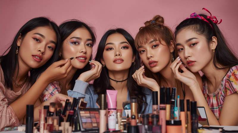 Kreator konten muda sedang merias wajah dengan gaya unik