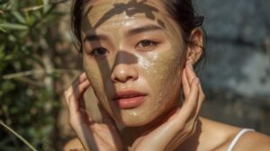 Wanita muda menggunakan skincare alami dari bahan lokal