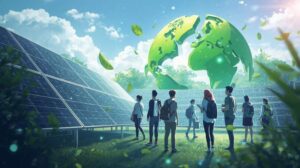 Ilustrasi mahasiswa mempelajari teknologi hijau di kampus dengan latar belakang panel surya dan simbol bumi berwarna hijau.
