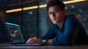 Mahasiswa muda sedang menganalisis grafik harga Bitcoin di laptop dengan suasana modern.