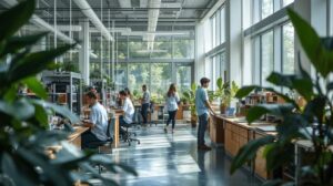 Mahasiswa sedang melakukan penelitian panel surya di laboratorium energi terbarukan universitas.