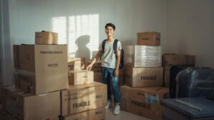 Seorang sarjana muda di dalam kamar kost yang penuh dengan tumpukan kardus barang dan koper, siap menggunakan jasa pindahan ekspedisi dari Pekanbaru ke Jakarta.
