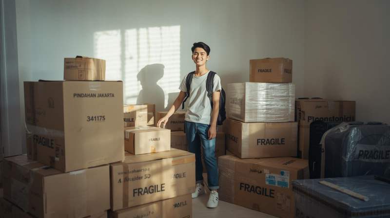 Seorang sarjana muda di dalam kamar kost yang penuh dengan tumpukan kardus barang dan koper, siap menggunakan jasa pindahan ekspedisi dari Pekanbaru ke Jakarta.