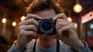 Kreator konten memasang lensa kamera Samyang yang ringkas untuk menghasilkan video cinematic low budget