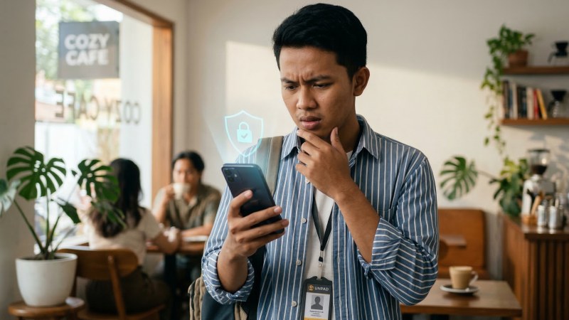 Mahasiswa Indonesia berhati-hati saat mengecek keaslian kontak CS Floq di smartphone