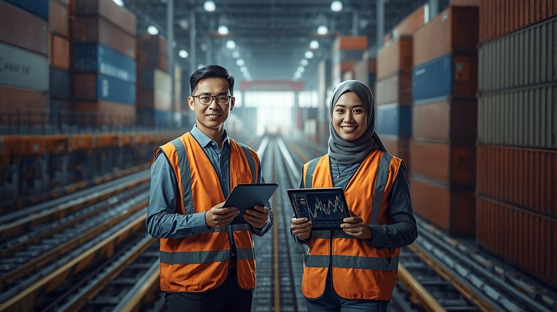 Manajer logistik Indonesia sedang memantau operasional gudang modern menggunakan tablet.