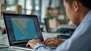 Mahasiswa jurusan logistik sedang menganalisis rute pengiriman cargo di laptop.