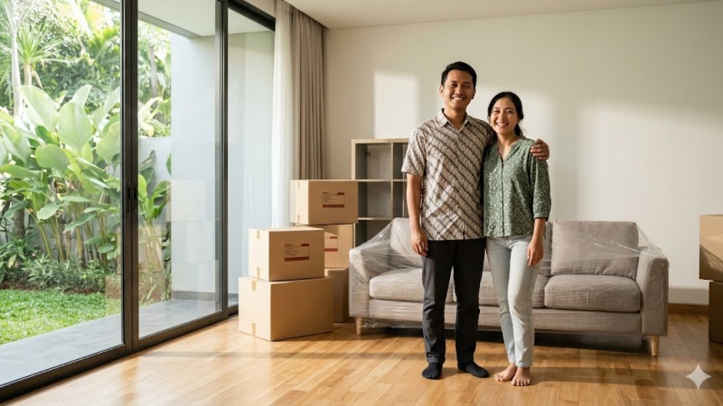 Kebahagiaan keluarga muda setelah menyelesaikan proses pindahan rumah Jakarta dengan rapi.