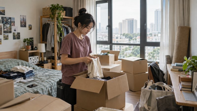 Penghuni apartemen menyiapkan kardus dan barang untuk pindahan.