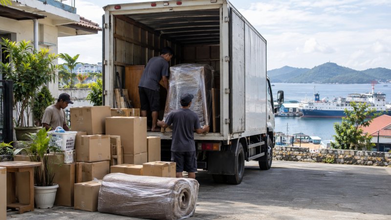 Truk box dengan barang pindahan yang telah dipacking untuk pengiriman.