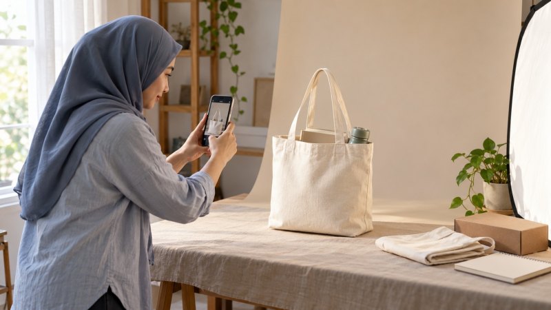 Ilustrasi wanita memotret tas untuk bisnis tote bag custom menggunakan ponsel.